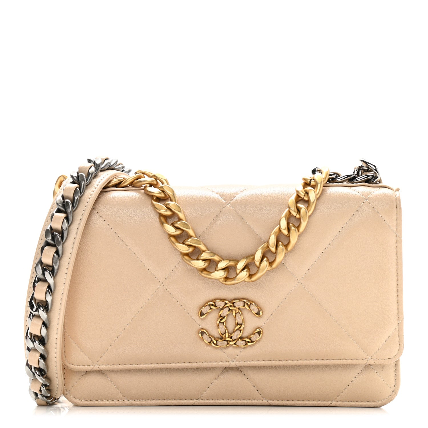 Chanel Lambskin Quilted Chanel 19 Wallet On Chain WOC Beige 1 of 12
