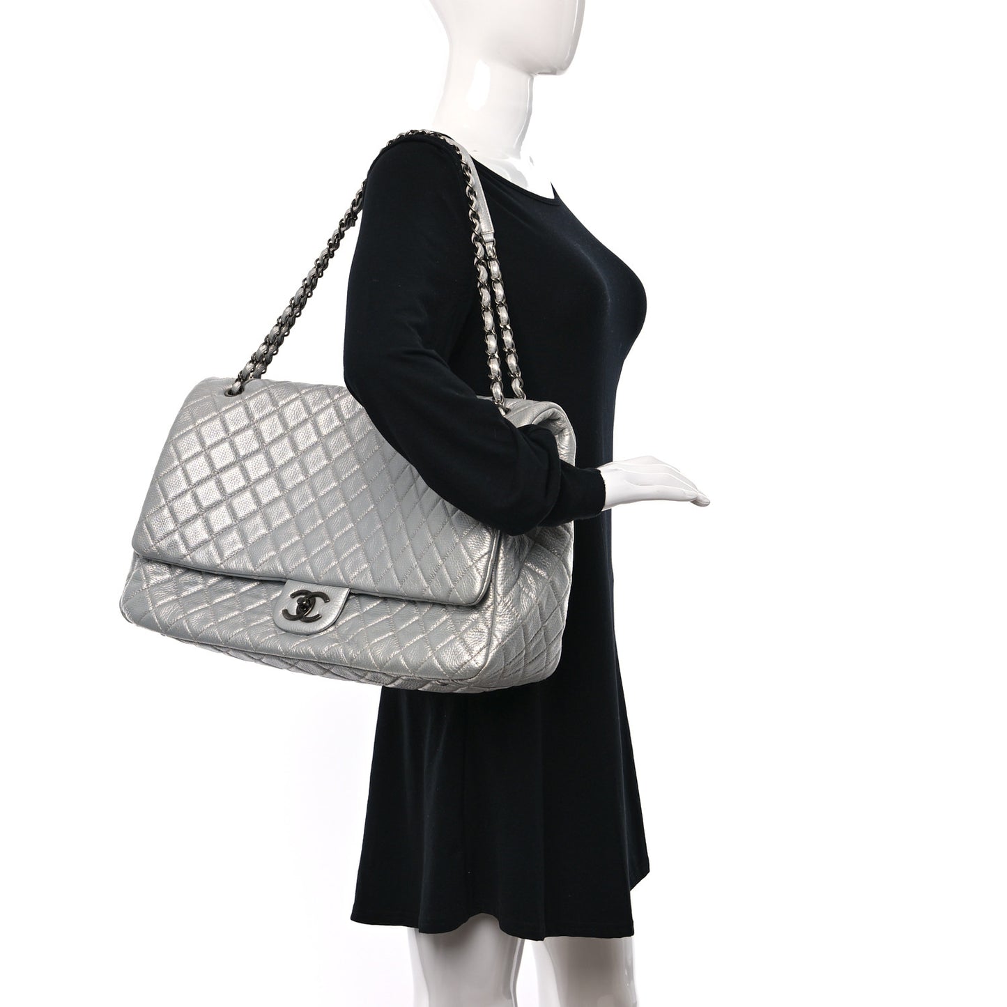 Metallic Calfskin Quilted XXL Travel Flap Bag Silver