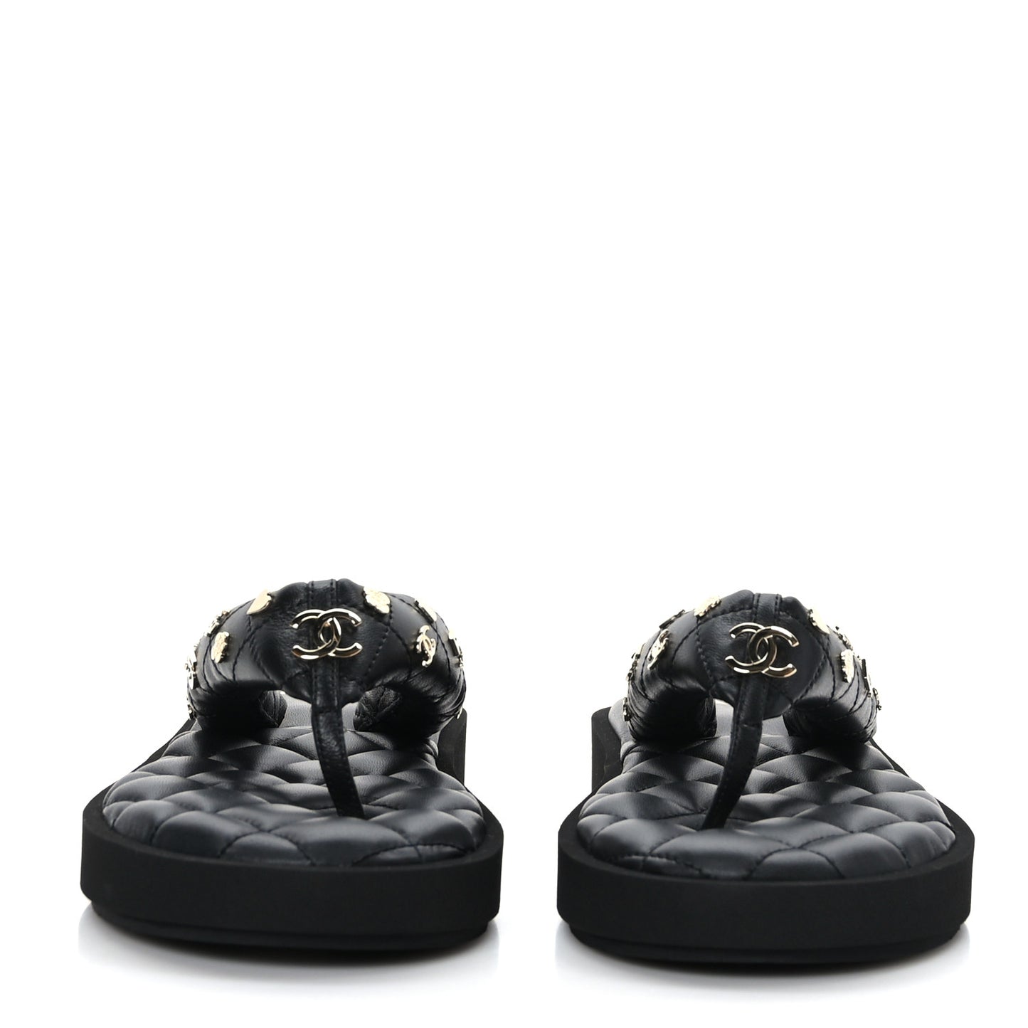 Lambskin Quilted Padded Charms Thong Sandals 39 Black