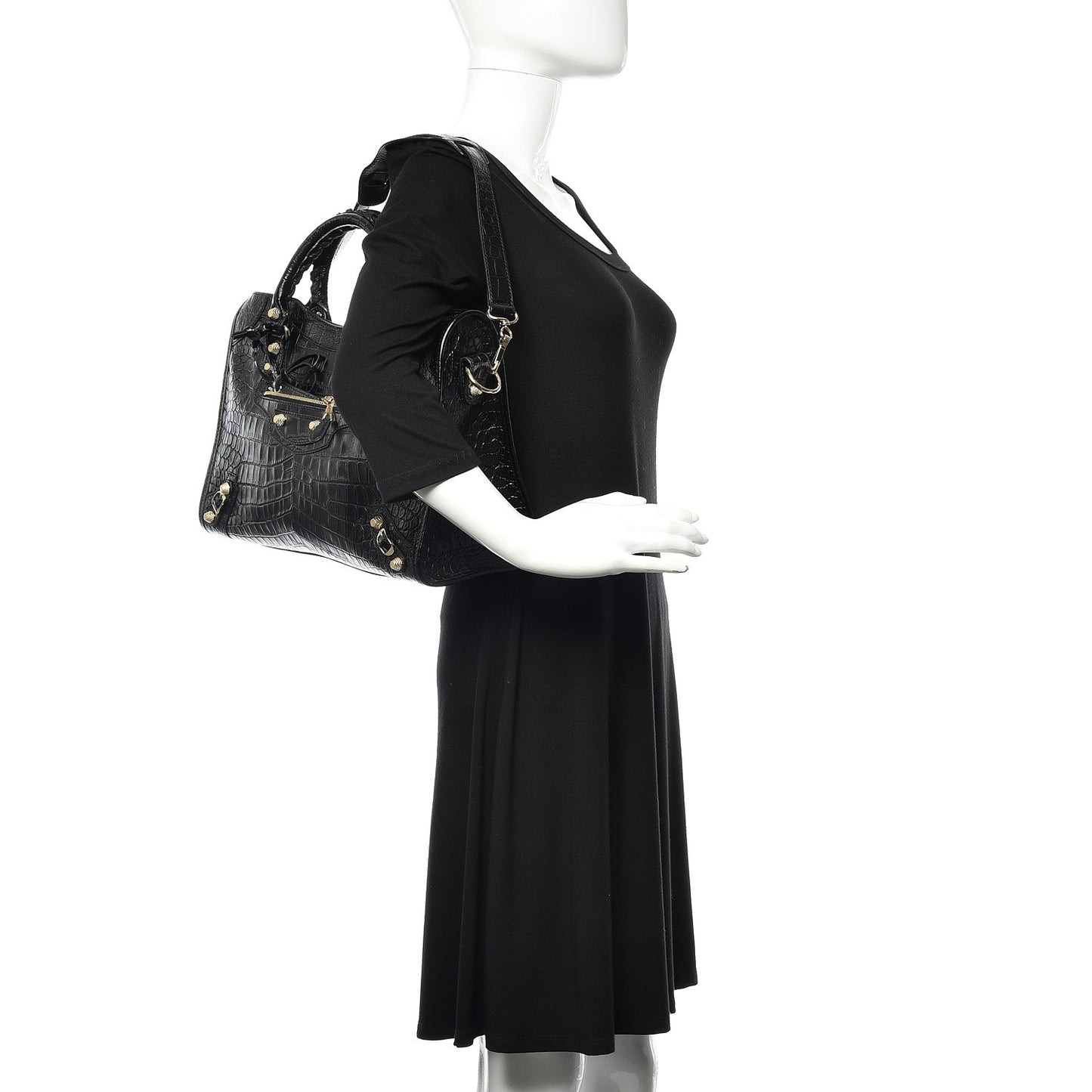 Calfskin Crocodile Embossed Giant 12 Gold Hardware City Black