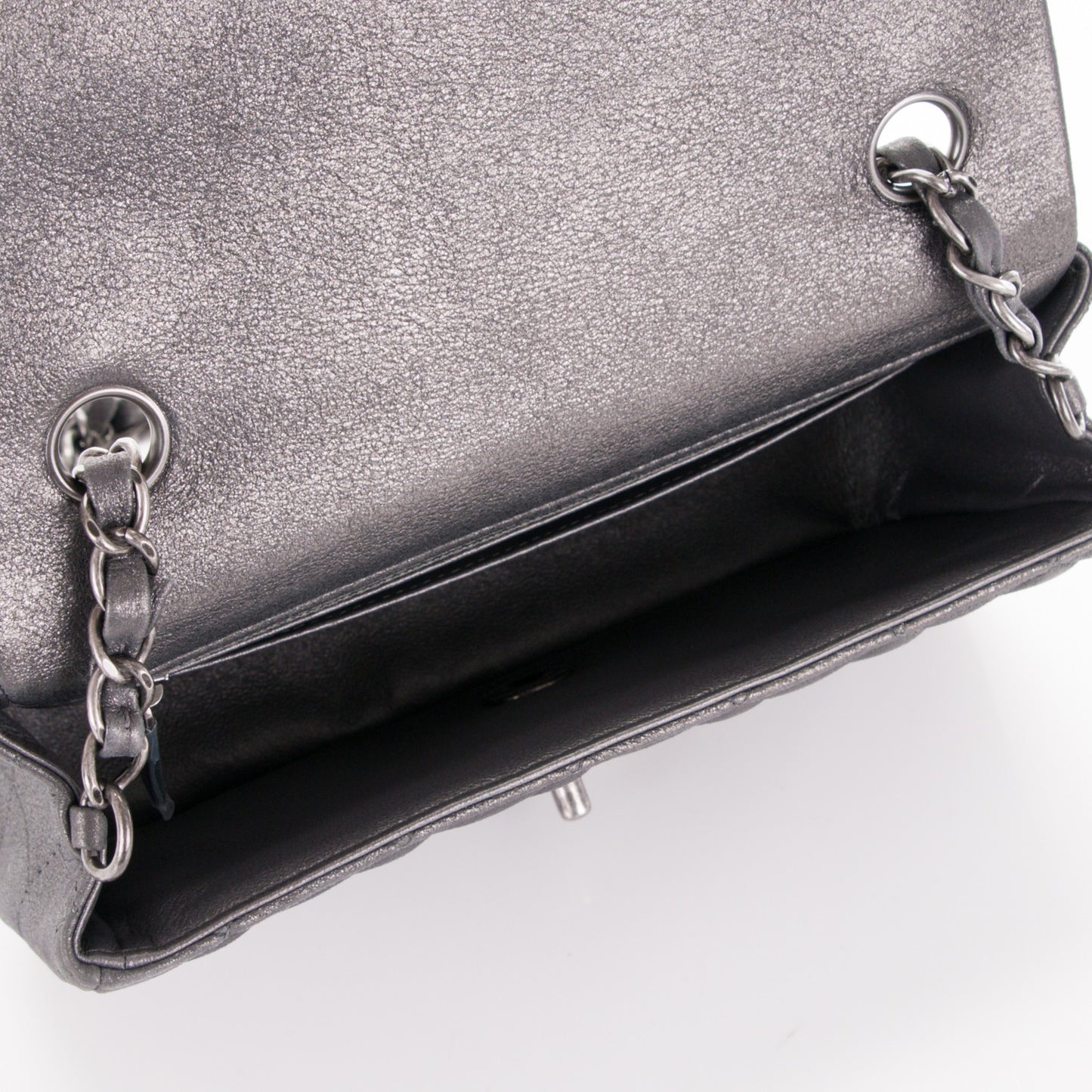 Iridescent Calfskin Quilted Mini Rectangular Flap Dark Grey