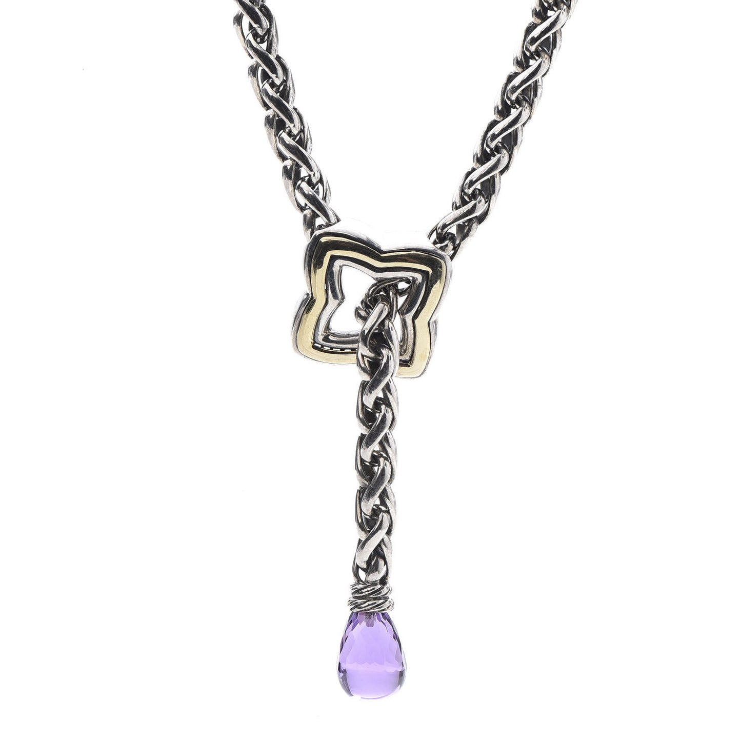 Sterling Silver 18K Yellow Gold Amethyst Quatrefoil Lariat Wheat Chain Necklace