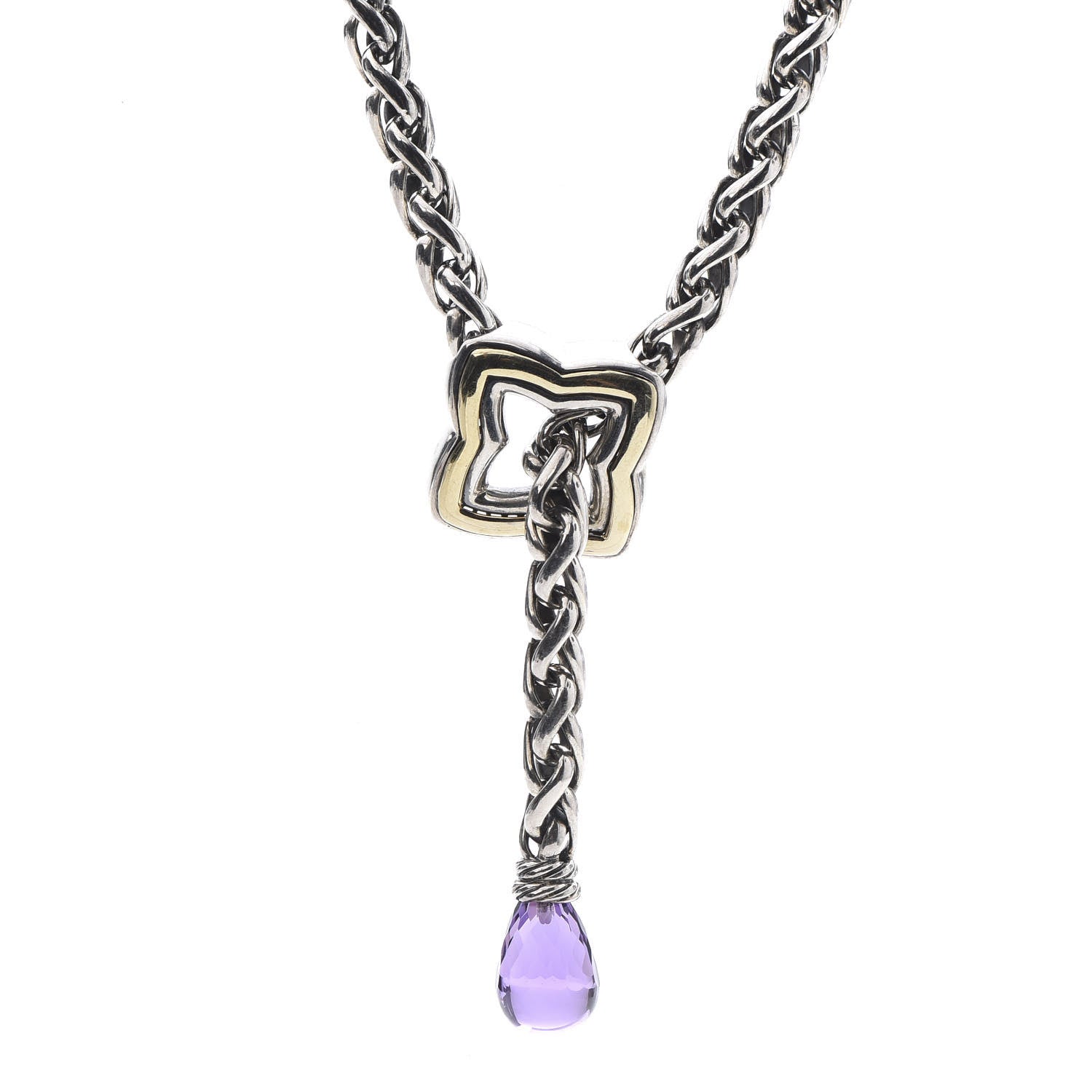 David Yurman Sterling Silver 18K Yellow Gold Amethyst Quatrefoil Lariat Wheat Chain Necklace 1 of 6