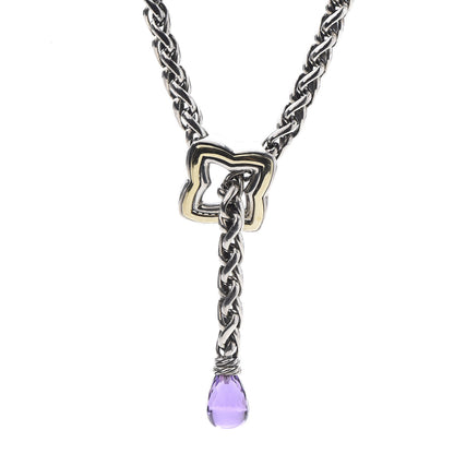 David Yurman Sterling Silver 18K Yellow Gold Amethyst Quatrefoil Lariat Wheat Chain Necklace 1 of 6