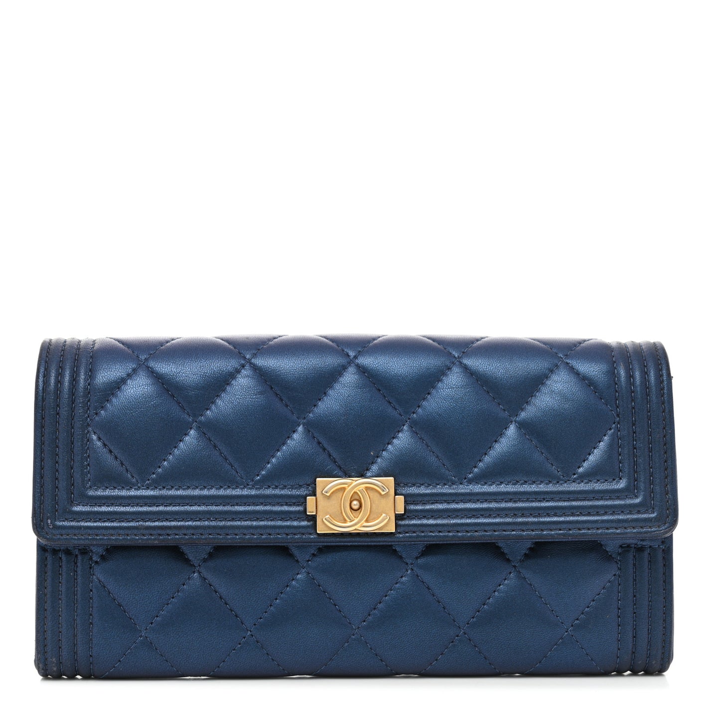 Metallic Lambskin Quilted Large Boy Gusset Flap Wallet Blue