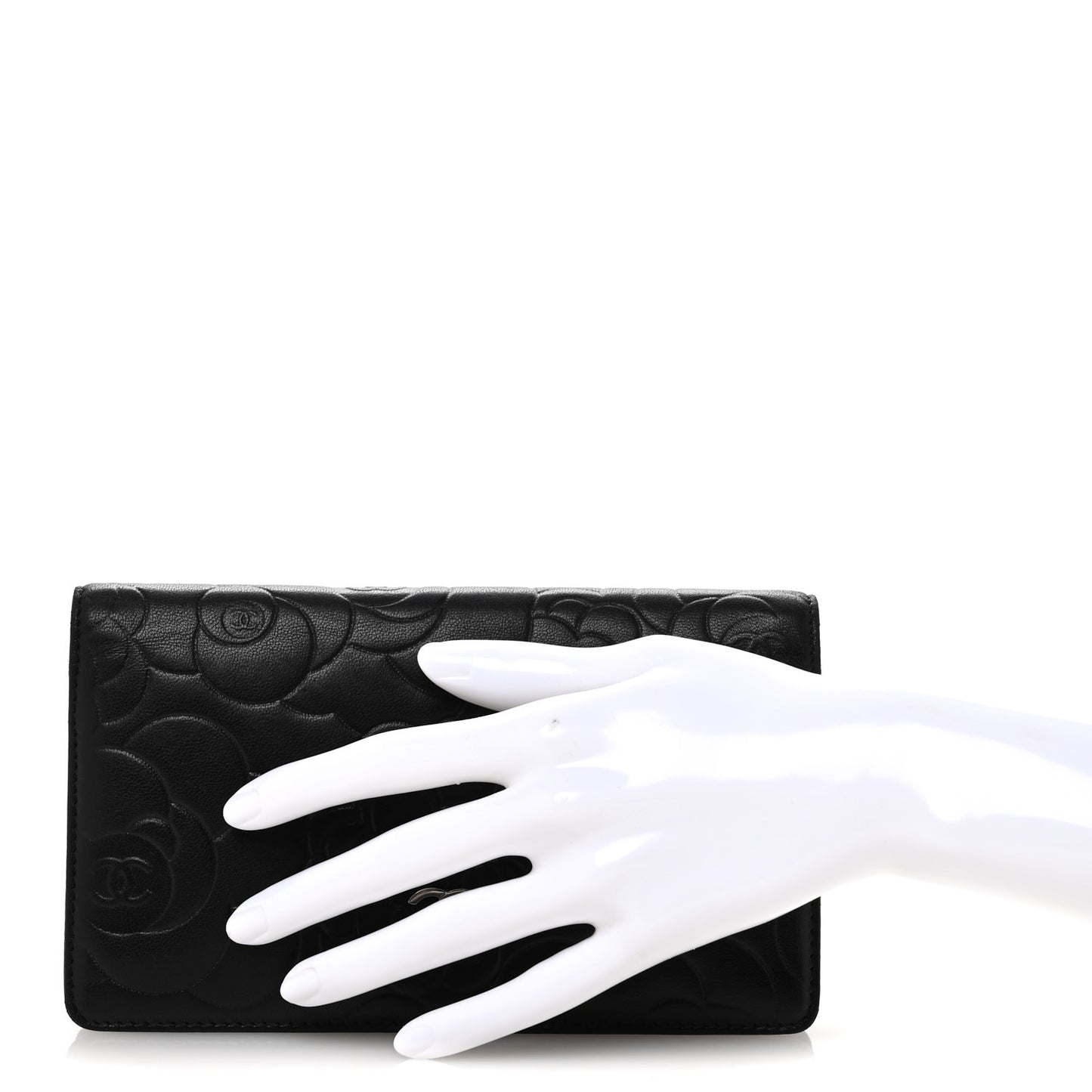 Lambskin Camellia Embossed Yen Wallet Black