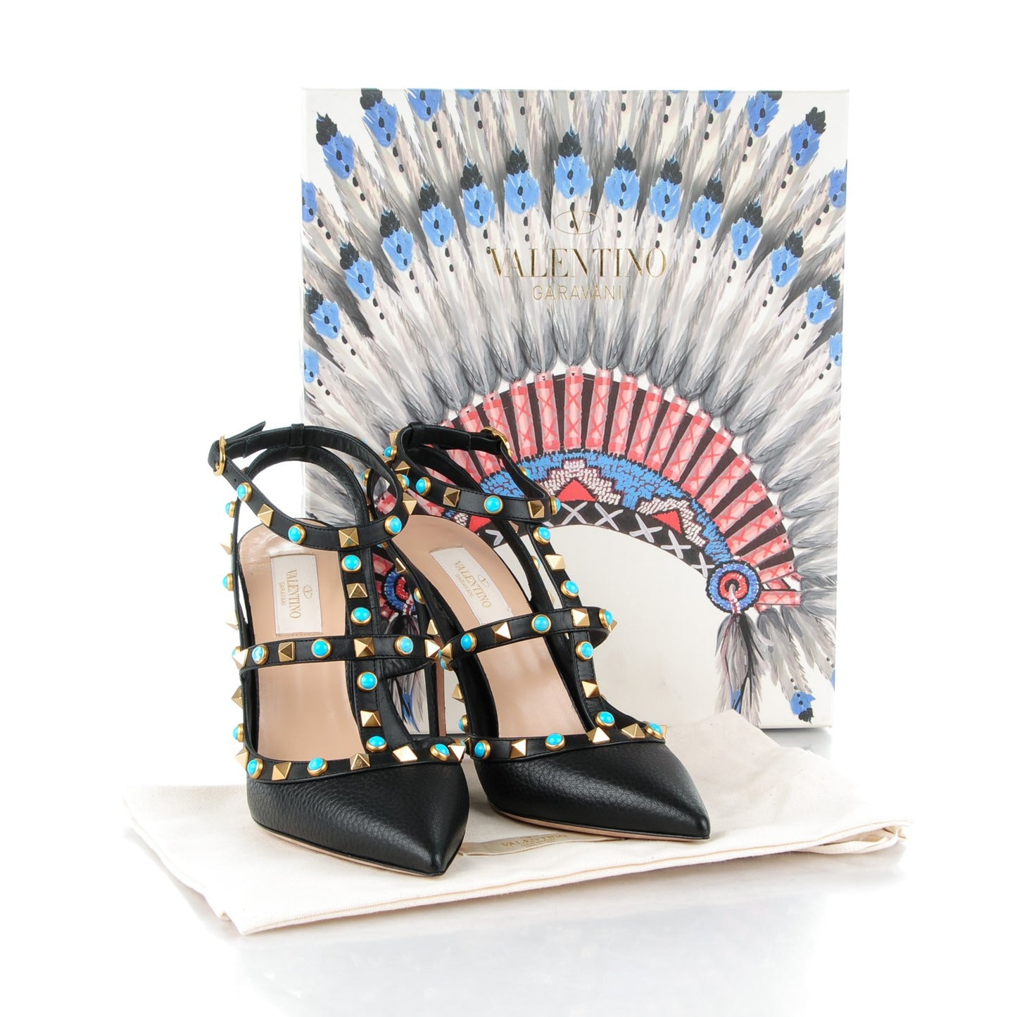 Pebbled Calfskin Turquoise Rockstud Rolling Ankle Strap 100mm Pumps 39 Black