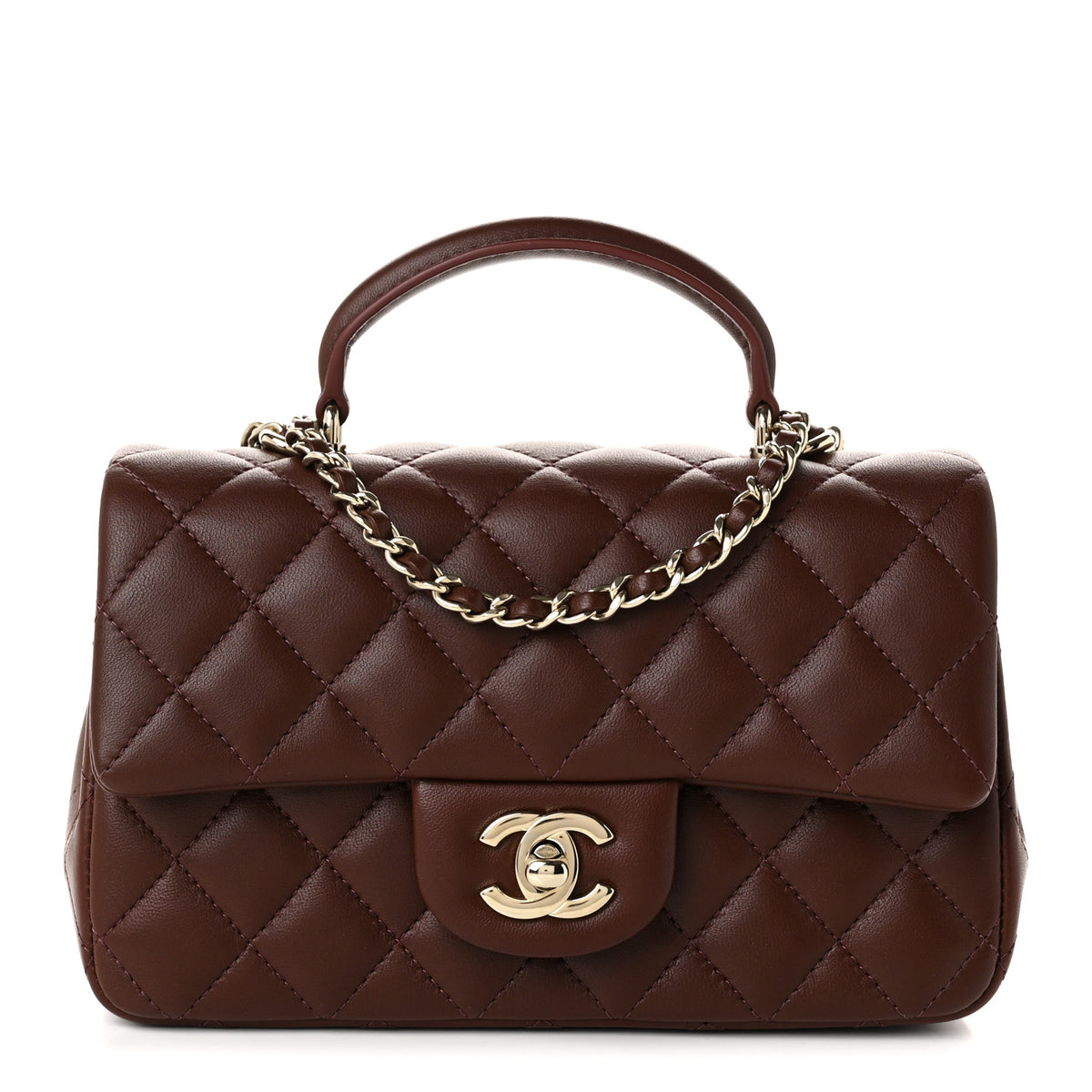 Lambskin Quilted Mini Top Handle Rectangular Flap Dark Brown