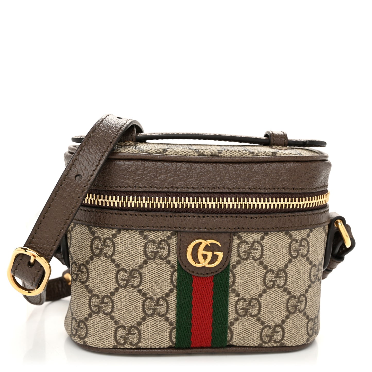 GG Supreme Monogram Textured Calfskin Web Mini Ophidia Top Handle Bag Beige Ebony New Acero