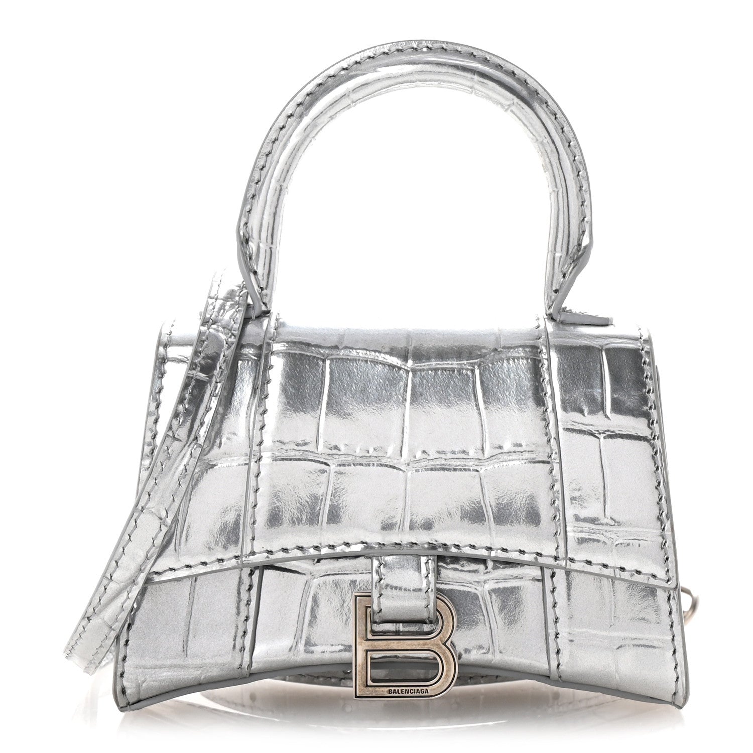 Balenciaga Metallic Calfskin Crocodile Embossed Hourglass Top Handle Bag Mini Silver 1 of 10