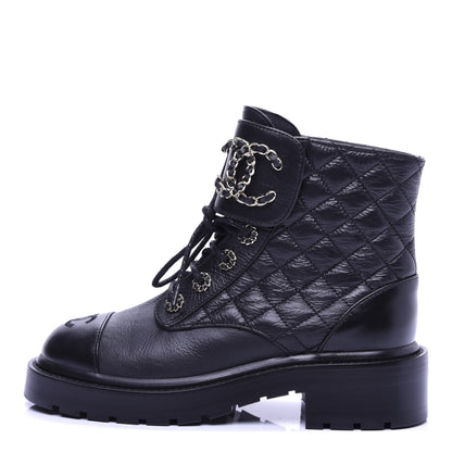 Chanel Shiny Goatskin Calfskin Quilted Lace Up Combat Boots 35.5 Black 1 of 10