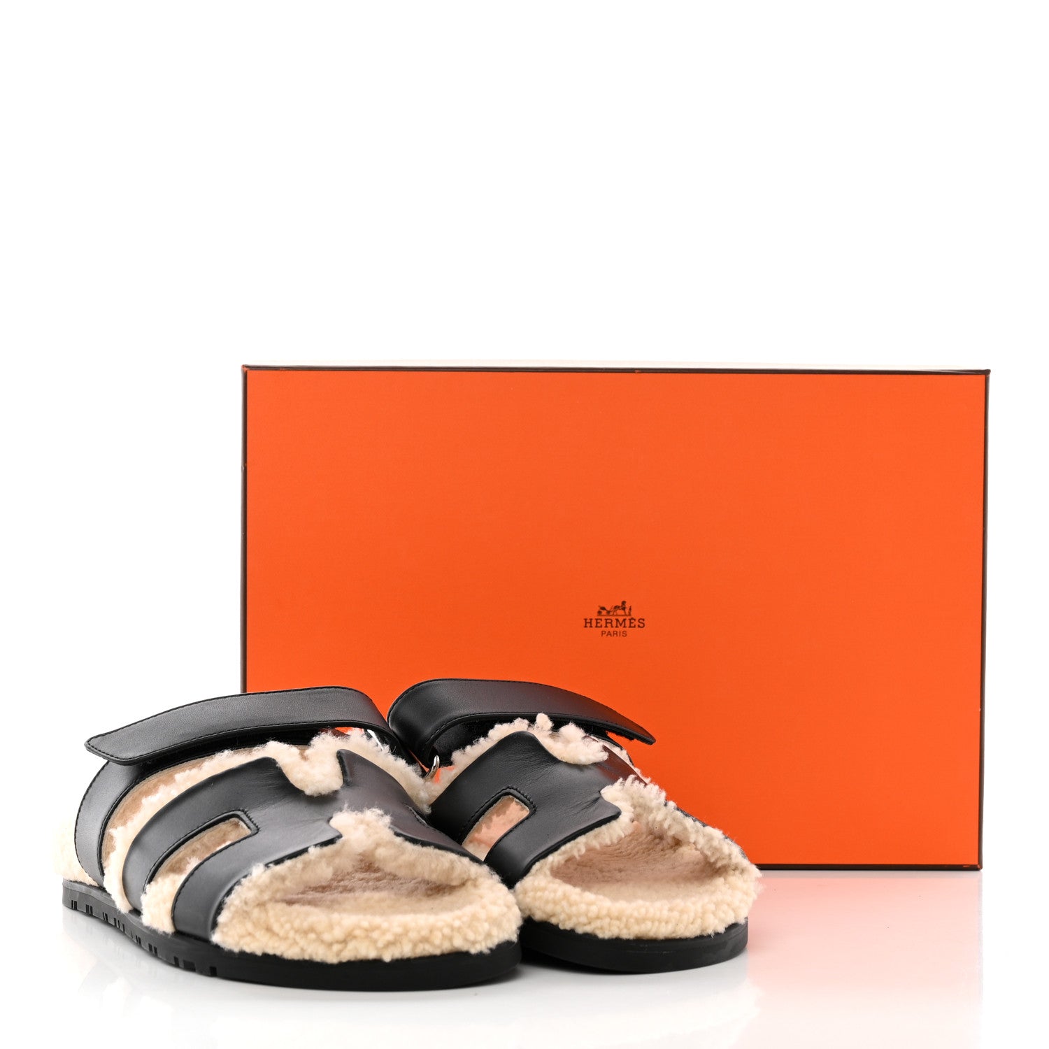 Hermes Calfskin Woolskin Womens Chypre Sandals 36.5 Black Ecru 13 of 13