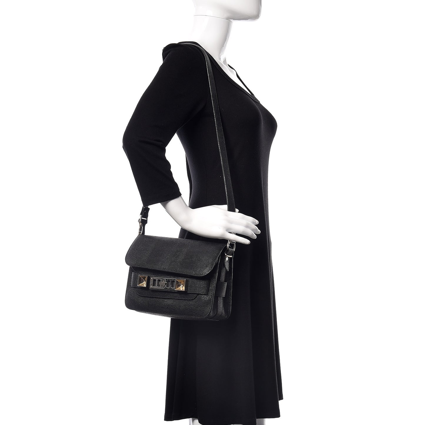Calfskin Lizard Embossed Mini PS11 Classic Shoulder Bag Black