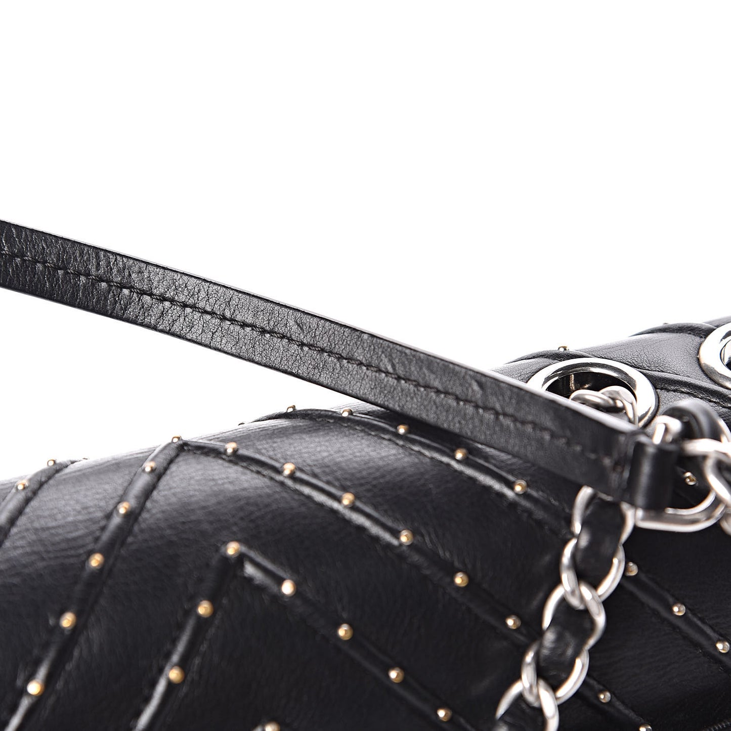 Calfskin Studded Chevron Quilted Flap Black