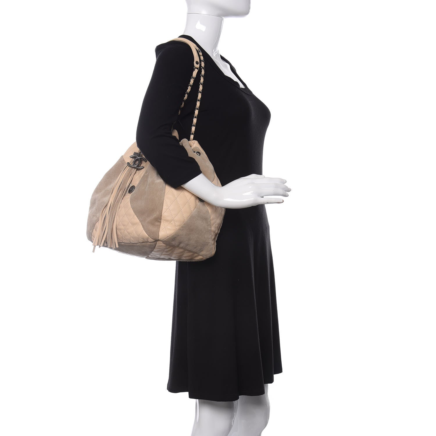 Chanel Calfskin Suede Quilted Patchwork Drawstring Bag Beige 2 of 11