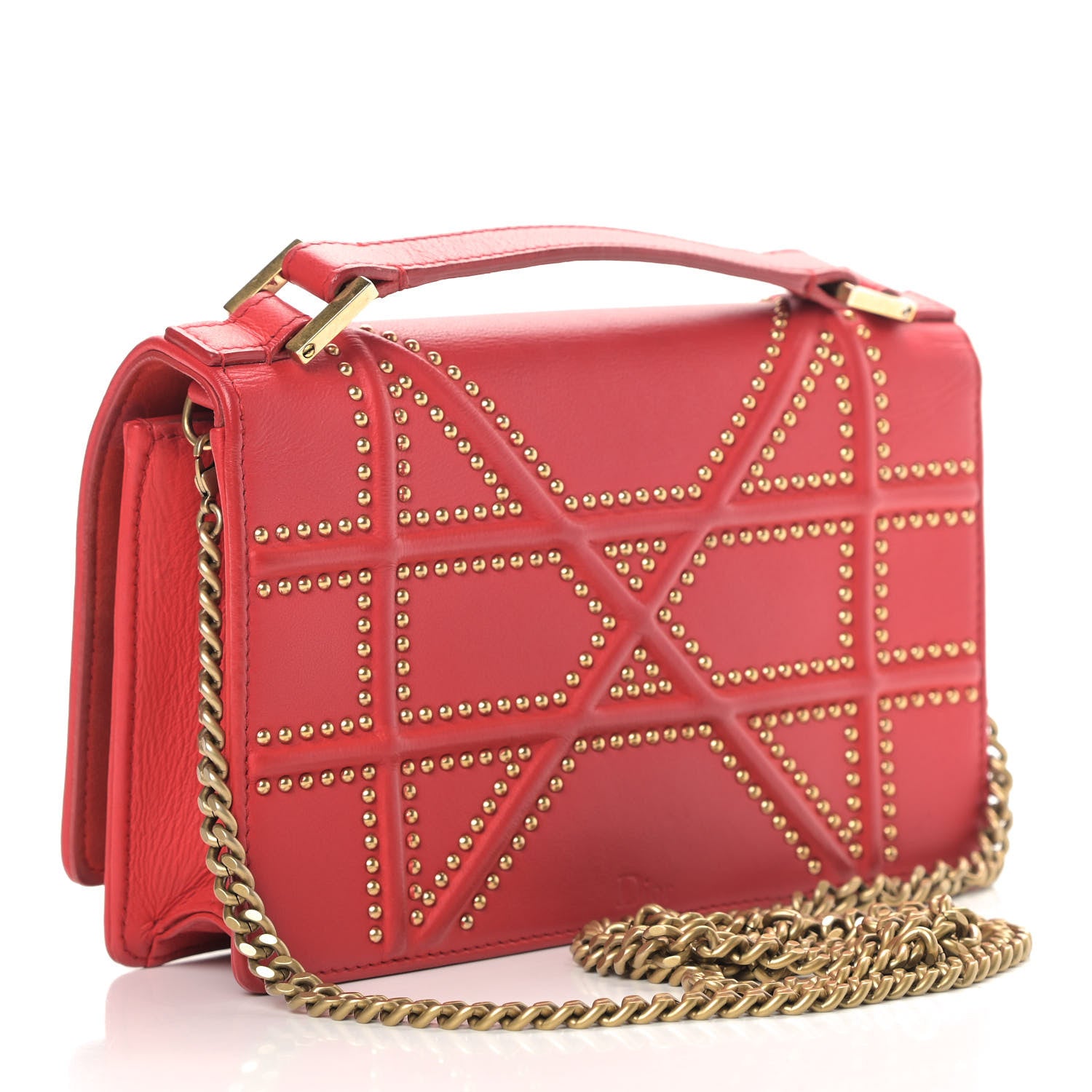 Christian Dior Calfskin Studded Diorama Top Handle Wallet on Chain Pouch Red 3 of 9