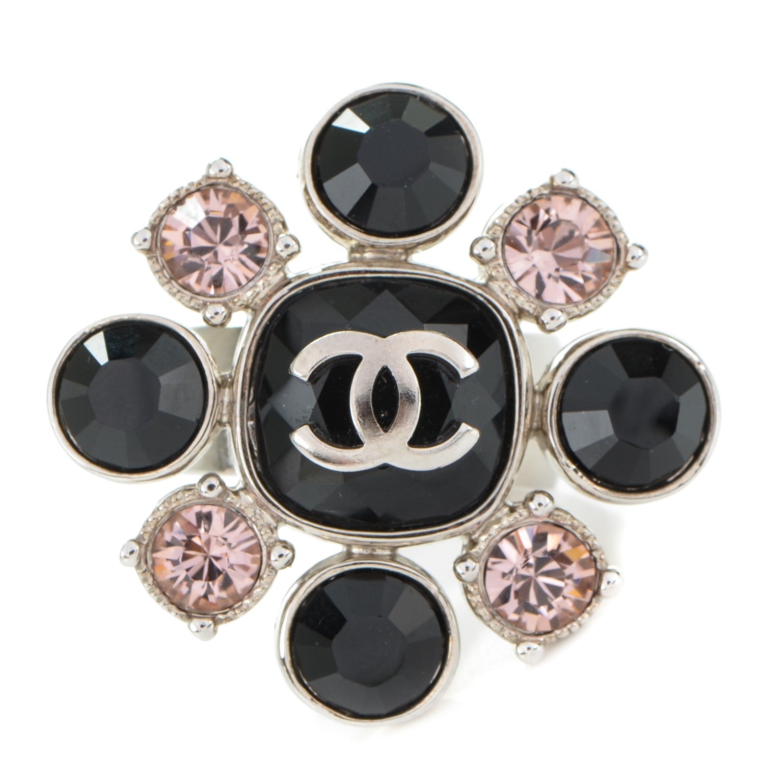 Chanel Crystal CC Ring 7 Silver Black Pink 1 of 7