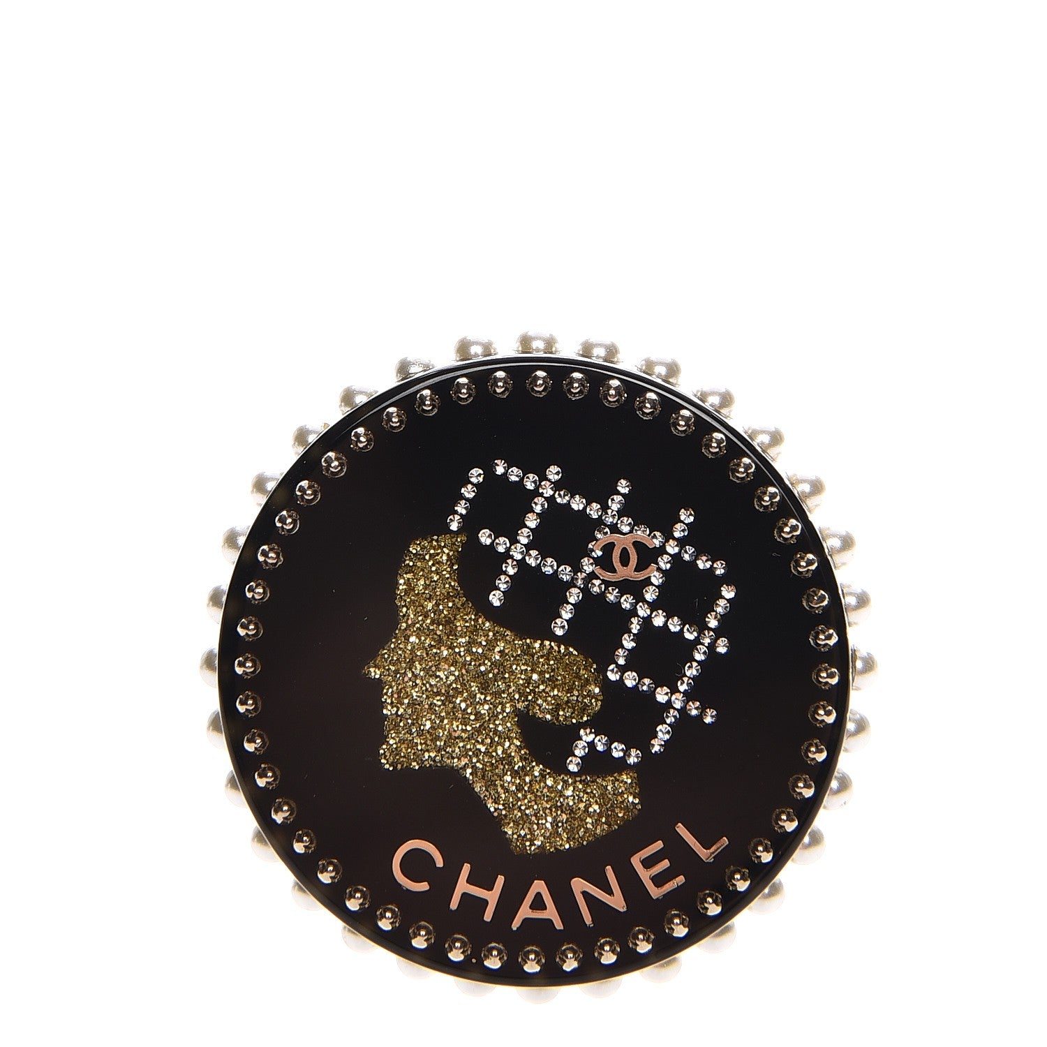 Chanel Resin Crystal Pearl CC Pin Brooch Black Gold 1 of 9