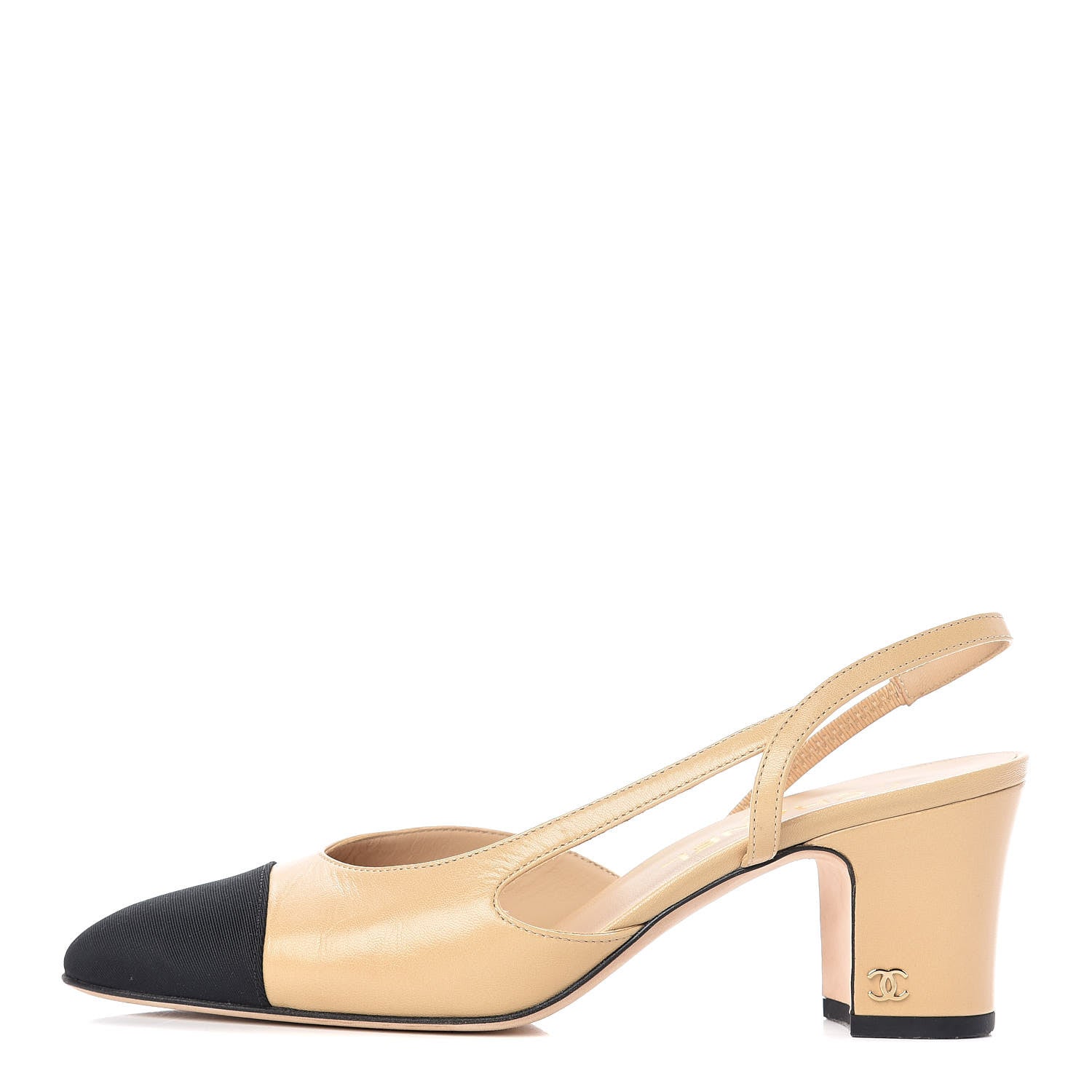 Chanel Goatskin Grosgrain Cap Toe CC Slingback Pumps 38 Beige Black 1 of 10