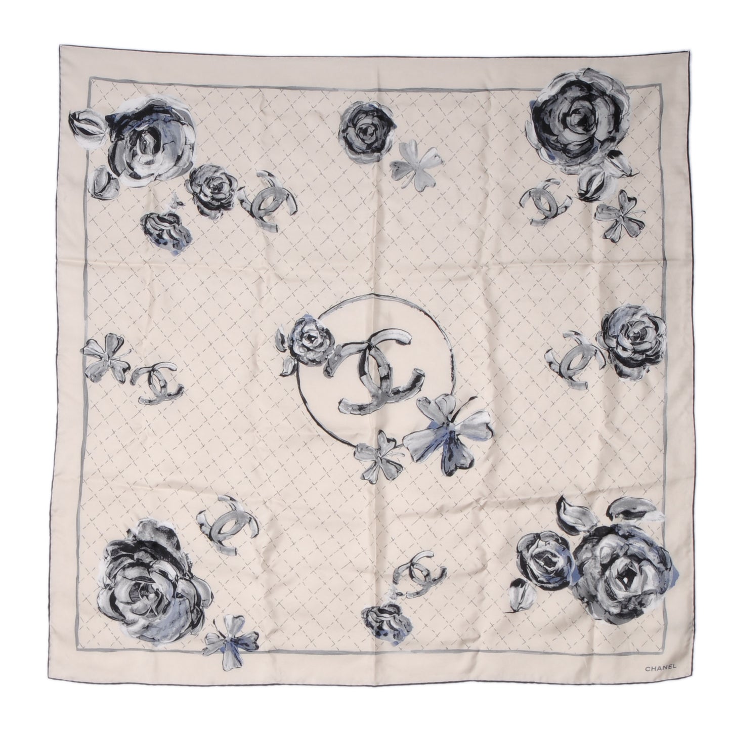 Silk Camellia Clover CC Scarf Beige Grey