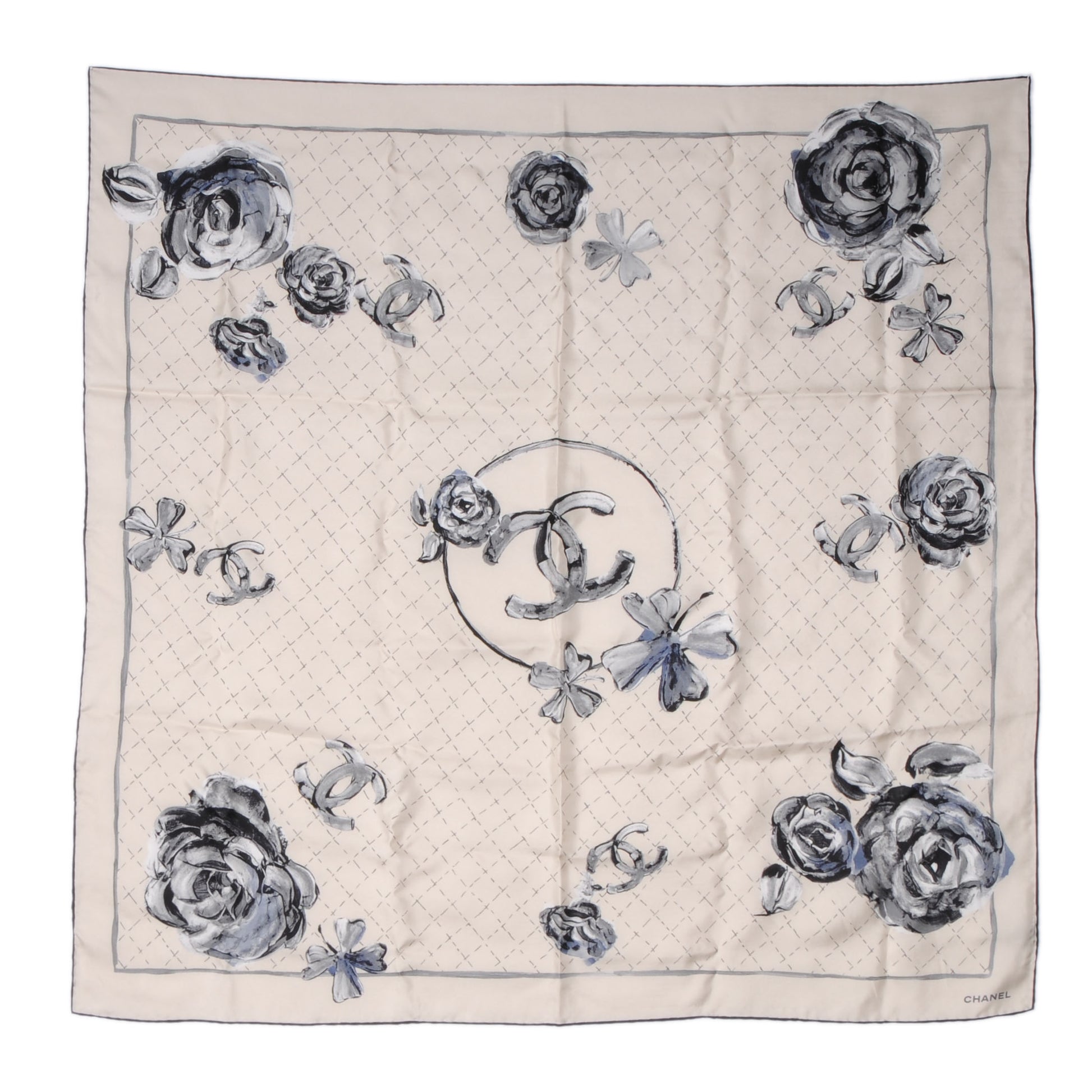 Chanel Silk Camellia Clover CC Scarf Beige Grey 2 of 5