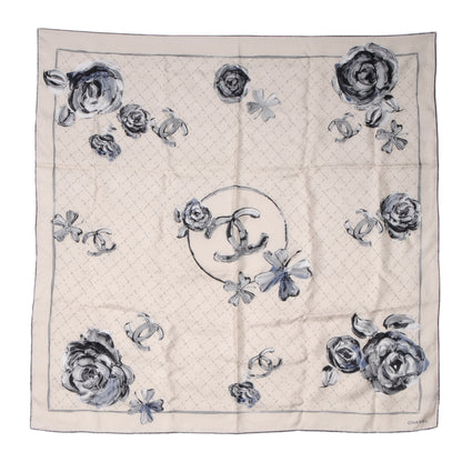 Chanel Silk Camellia Clover CC Scarf Beige Grey 2 of 5