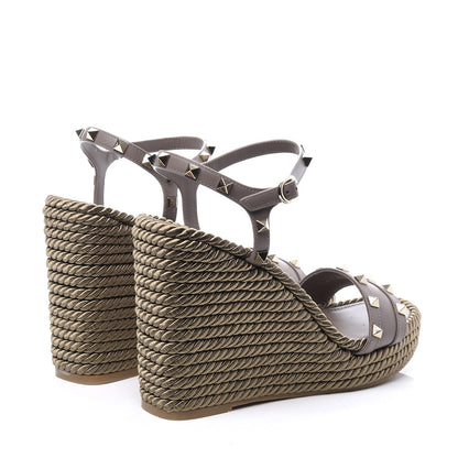 Valentino Garavani Silk Calfskin Rockstud Torchon Espadrille 25/115mm Wedge Sandals 40 Clay 4 of 11