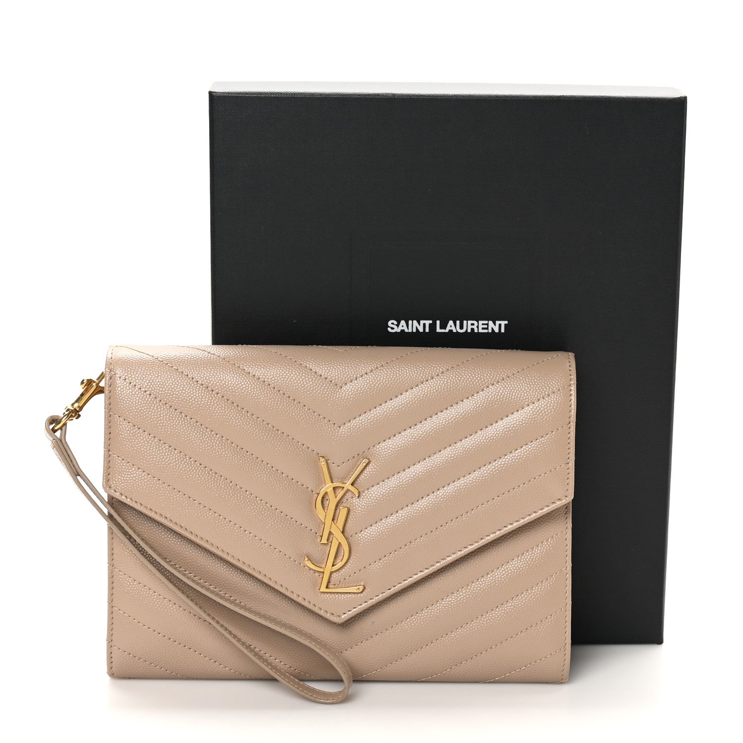 Saint Laurent Grain De Poudre Matelasse Chevron Monogram Envelope Clutch Dark Beige 8 of 8