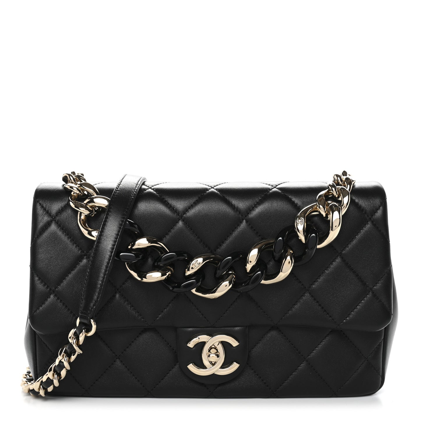 Lambskin Quilted Resin Bi-Color Chain Flap Bag Black