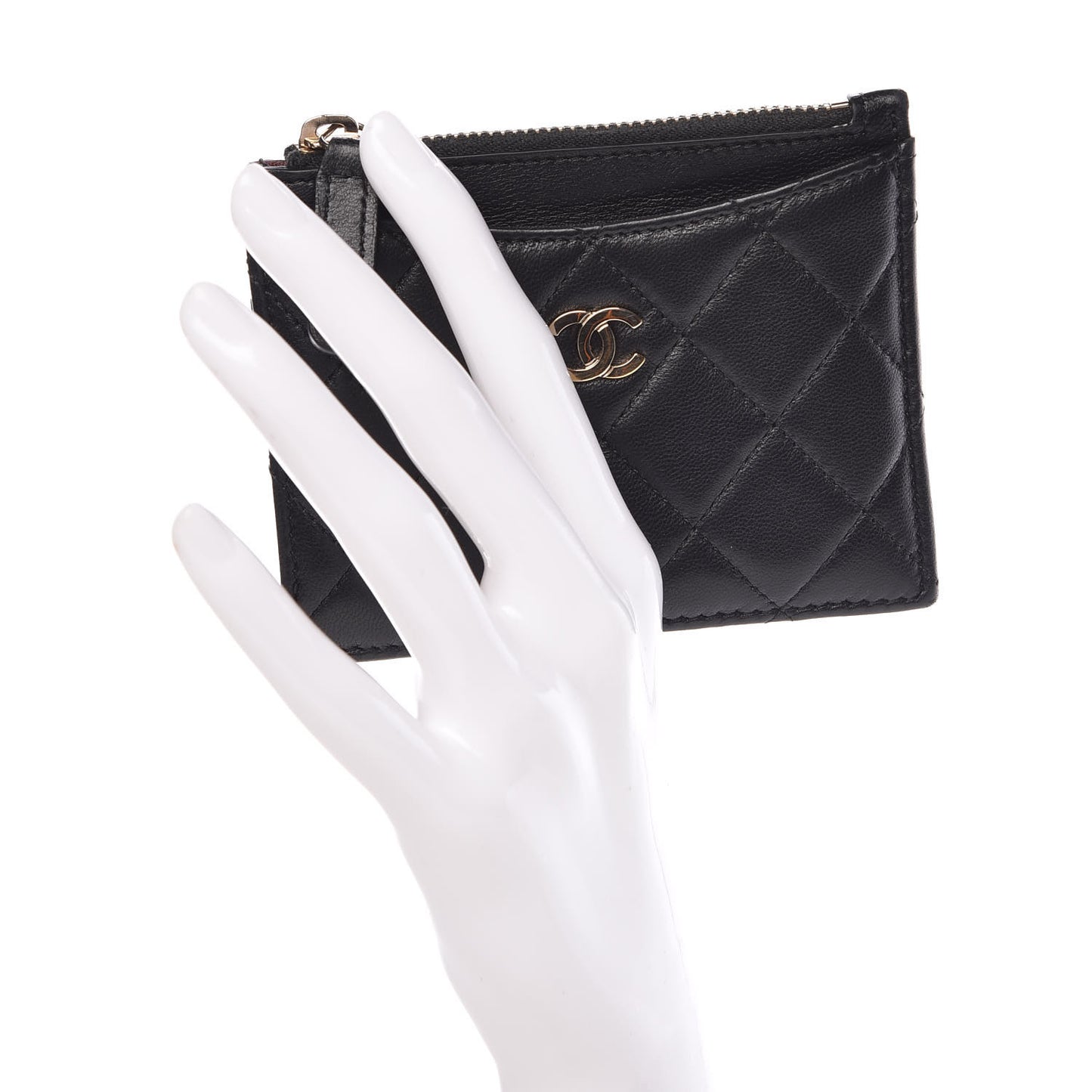 Lambskin Quilted Zip Card Holder Black