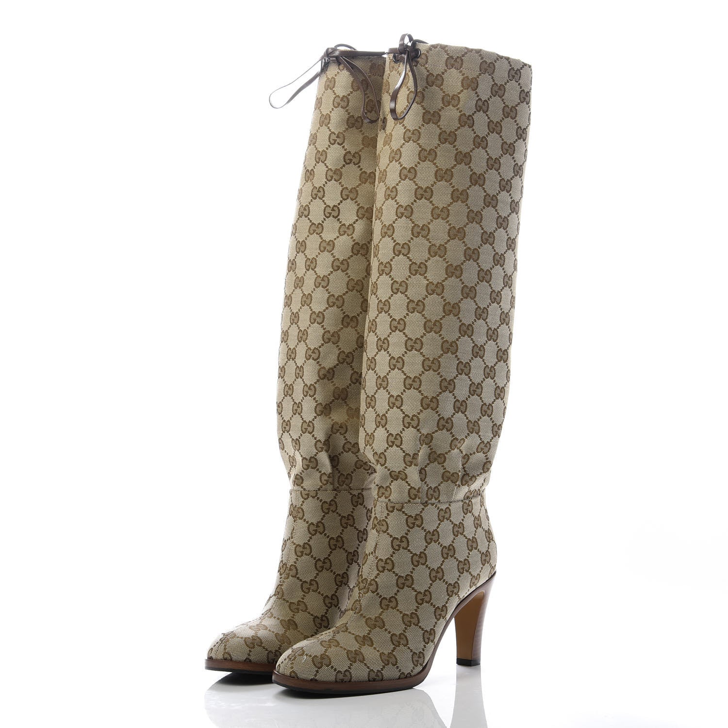 Gucci Monogram Lisa Mid Heel Boots 37.5 Beige Ebony 3 of 9