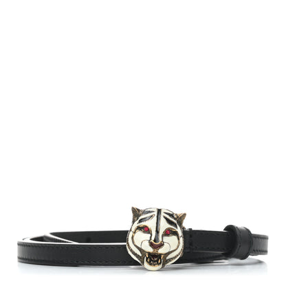 Gucci Calfskin Crystal Tiger Head Buckle Thin Belt 85 34 Black 1 of 4
