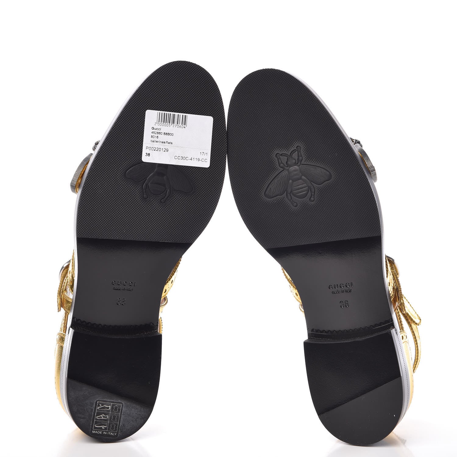 Gucci Metallic Nappa Bee Embroidered Womens Queercore Brogue Wingtip Monk Strap Loafers 38 Gold 5 of 9