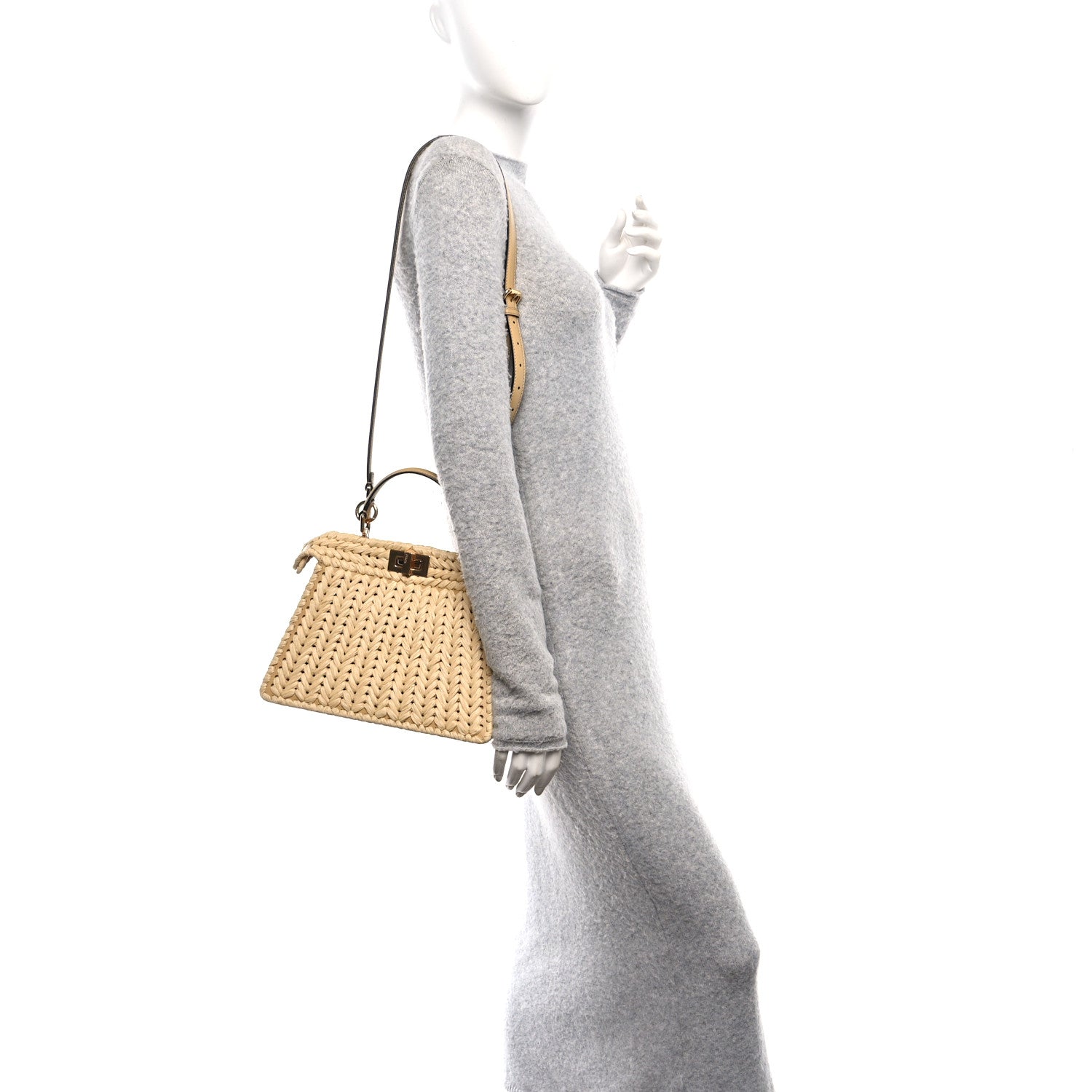 Fendi Raffia Embroidered Vitello King Shiny Nappa Intreccio Small Peekaboo I SEE U Satchel Sahara 2 of 11