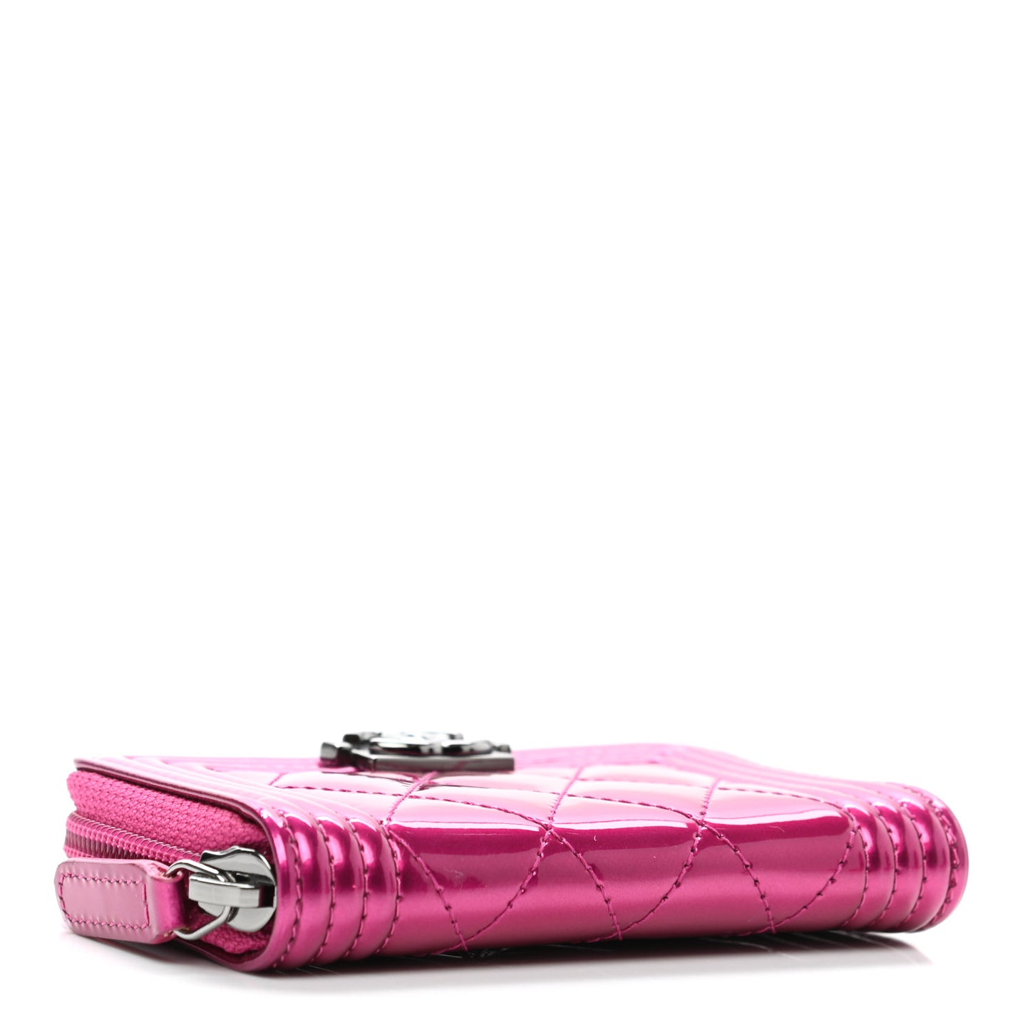 Metallic Patent Quilted Zip Around Boy Coin Purse Wallet Fuchsia