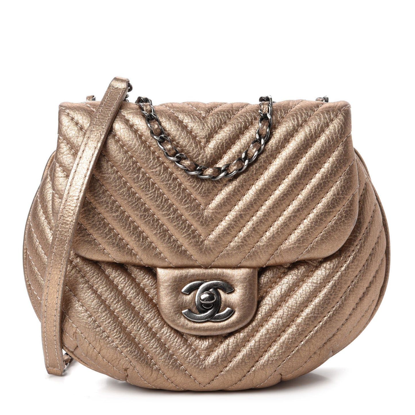 Metallic Aged Calfskin Chevron Small Bubble CC Flap Gold