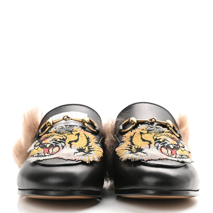 Gucci Calfskin Fur Tiger Embroidered Womens Princetown Slippers 35 Black 2 of 7