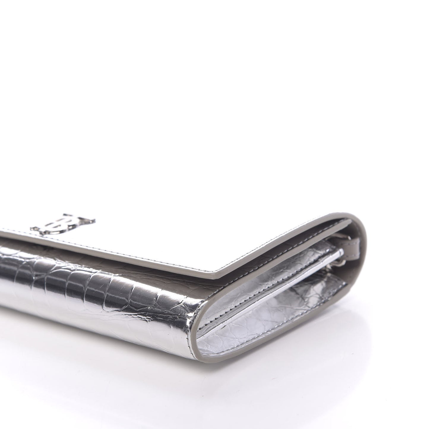 Metallic Calfskin Crocodile Embossed Hannah Wallet On Chain Silver