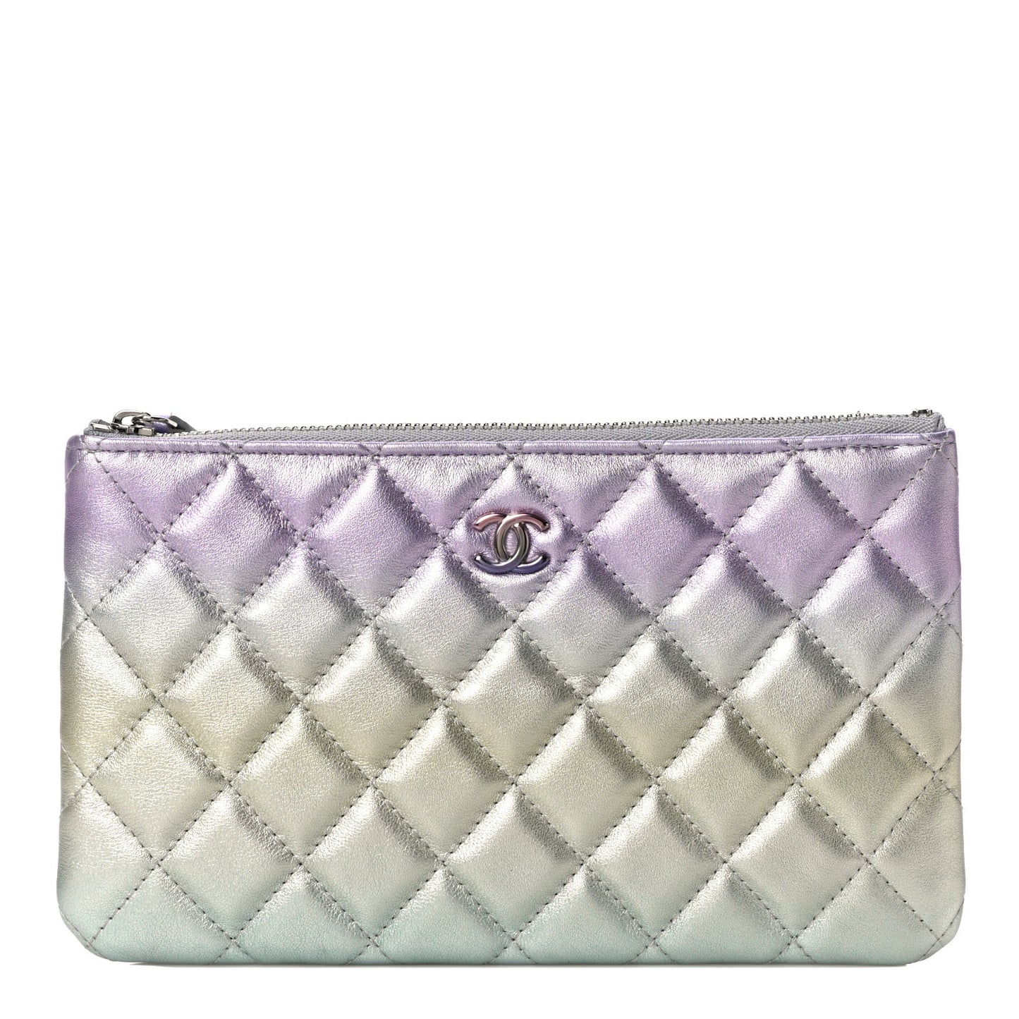 Gradient Metallic Calfskin Quilted Cosmetic Case Silver Blue Yellow Purple