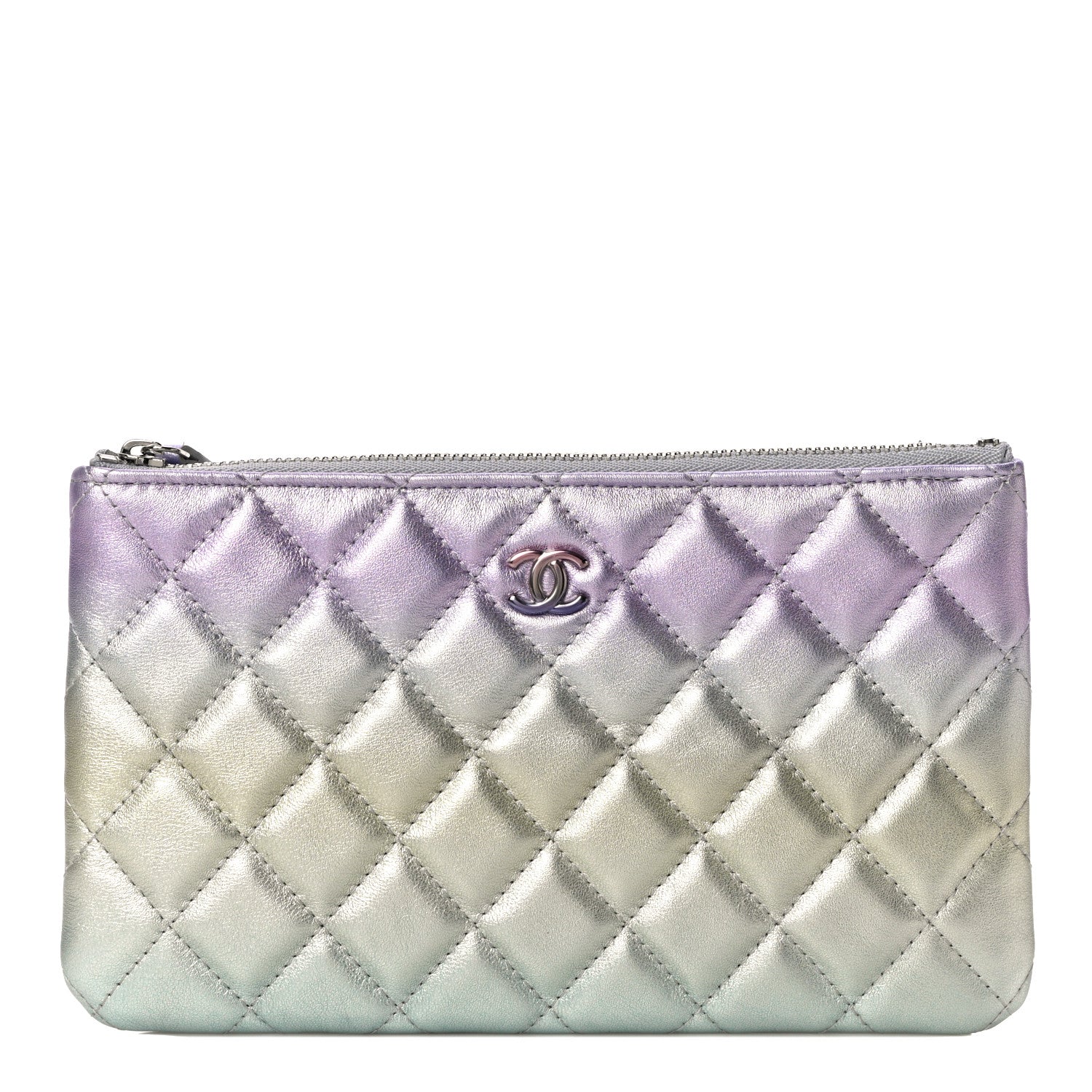 Chanel Gradient Metallic Calfskin Quilted Cosmetic Case Silver Blue Yellow Purple 1 of 11