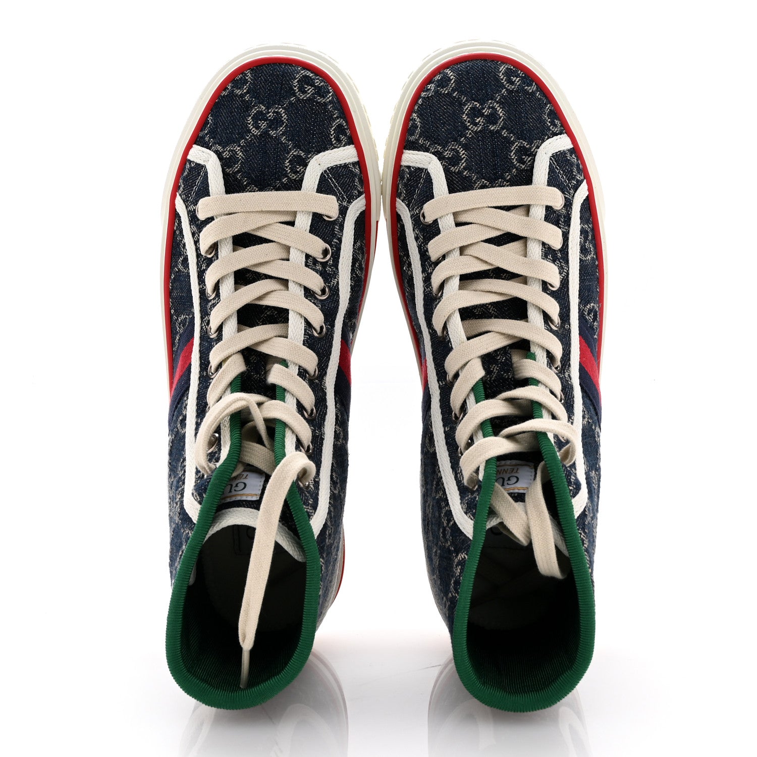 Gucci New Denim GG Monogram Web Womens 1977 Tennis High Top Sneakers 39 Blue Tea Mystic White 2 of 10