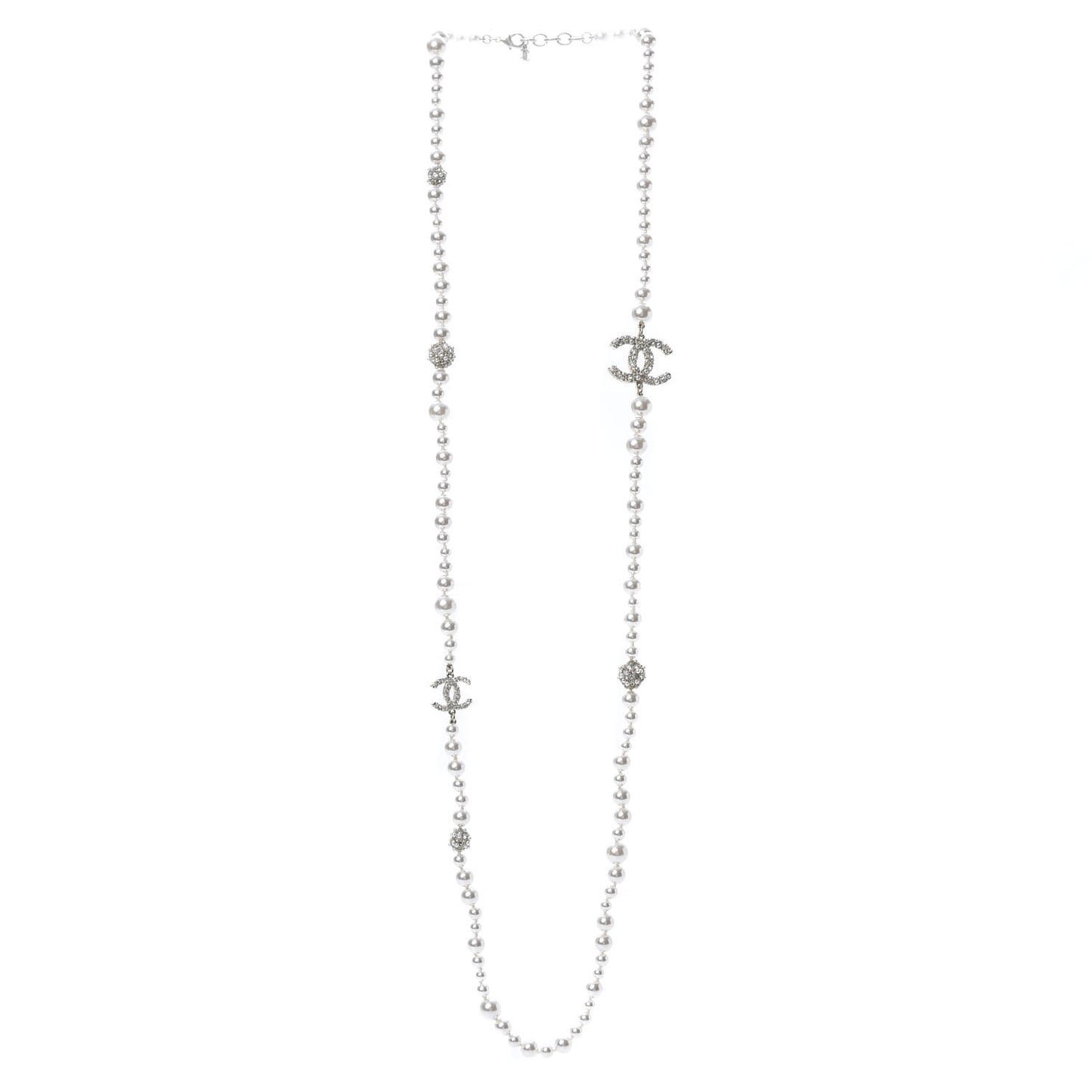 Pearl Baguette Crystal CC Long Necklace Silver