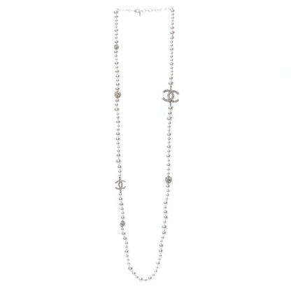 Chanel Pearl Baguette Crystal CC Long Necklace Silver 3 of 5
