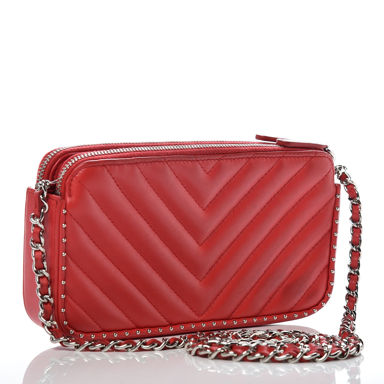 Chanel Lambskin Chevron Quilted Studded Small Clutch With Chain Red 3 of 16