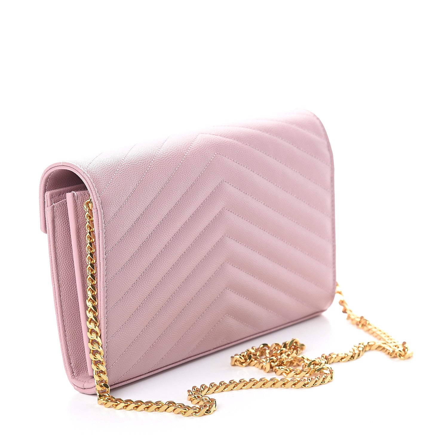 Saint Laurent Grain De Poudre Matelasse Chevron Monogram Chain Wallet Pale Pink 2 of 10