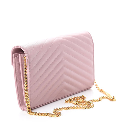 Saint Laurent Grain De Poudre Matelasse Chevron Monogram Chain Wallet Pale Pink 2 of 10