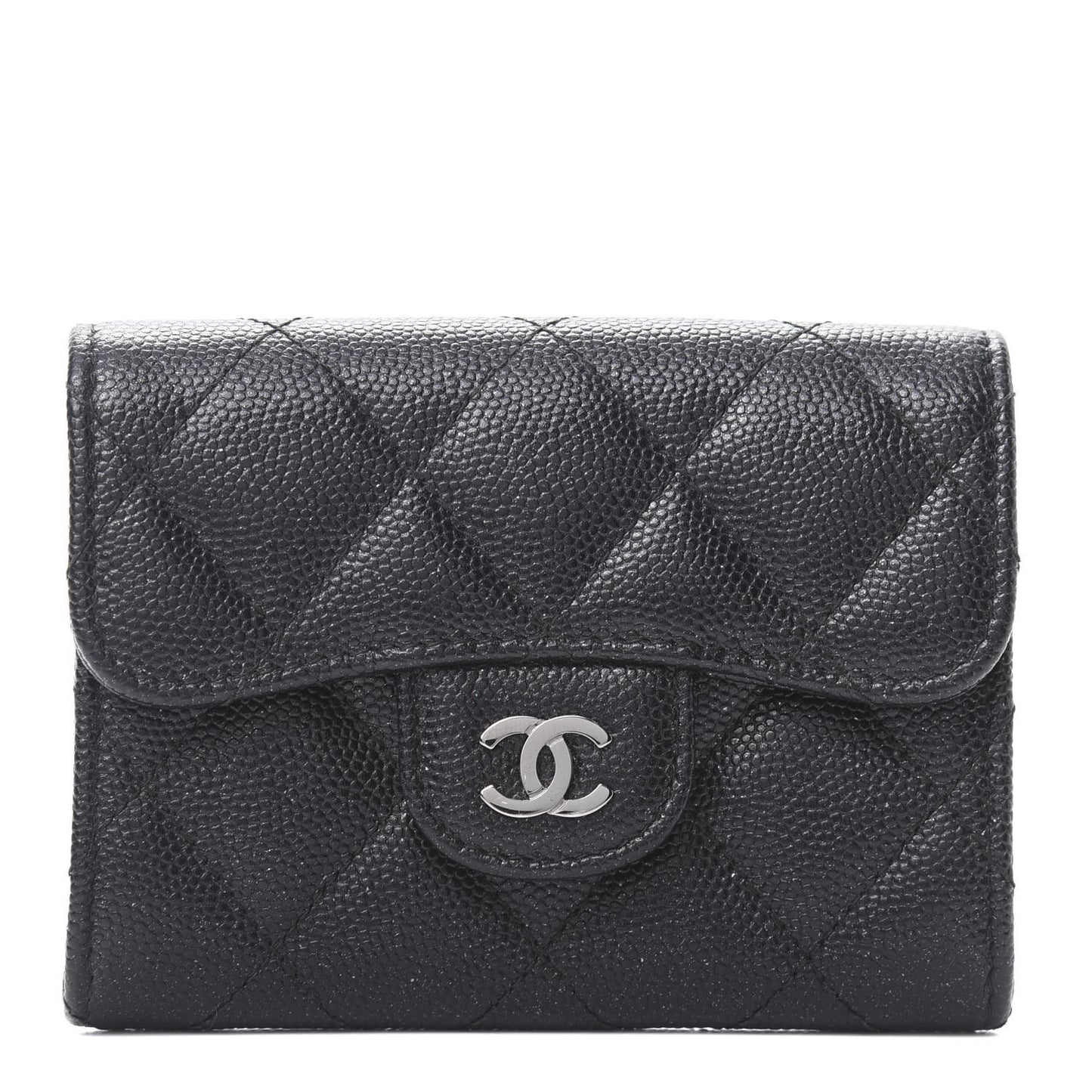 Iridescent Caviar Quilted Flap Card Holder Wallet Black
