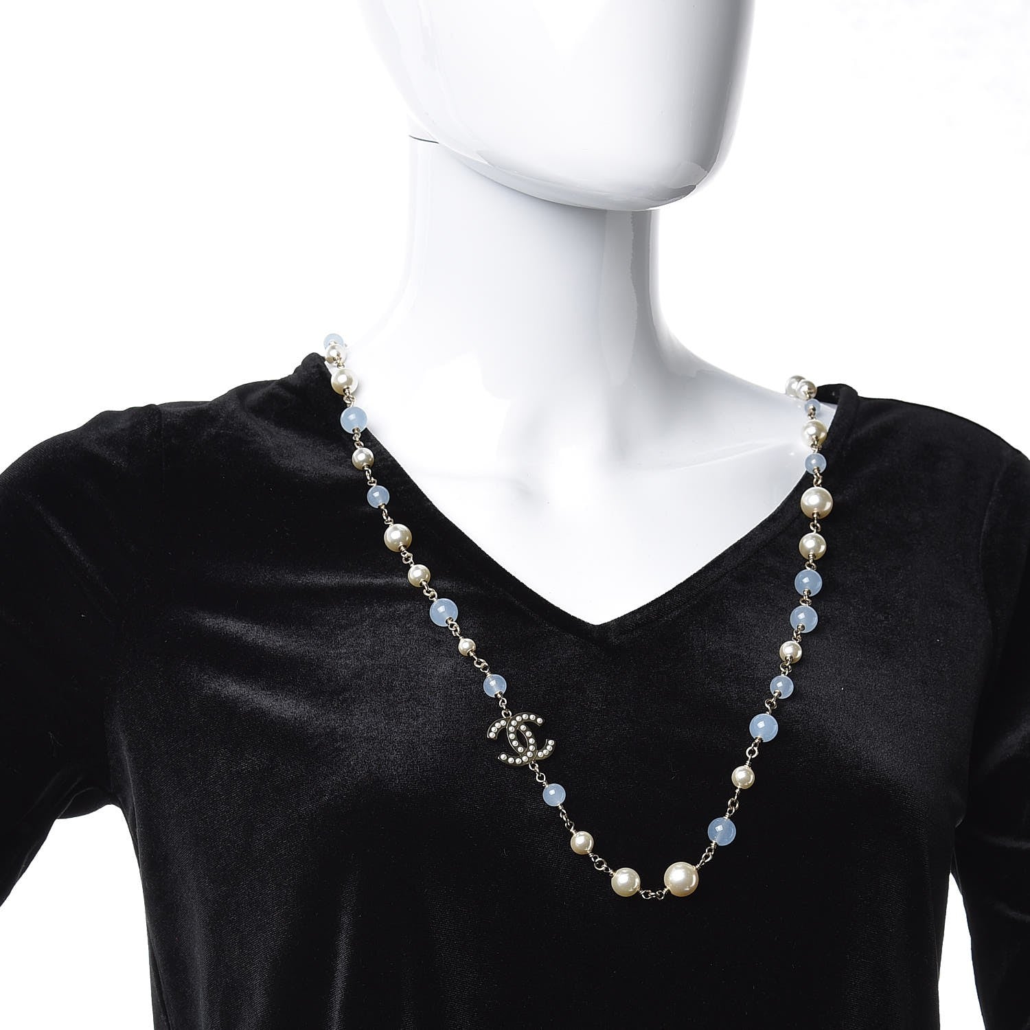 Chanel Pearl Bead CC Long Necklace Blue Gold 2 of 5