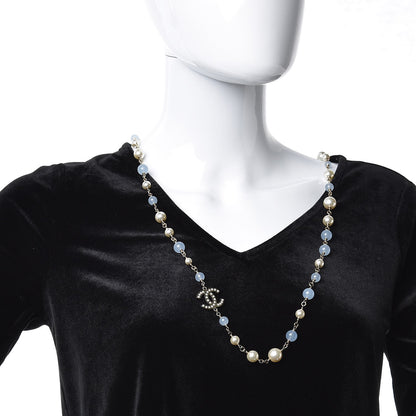 Chanel Pearl Bead CC Long Necklace Blue Gold 2 of 5