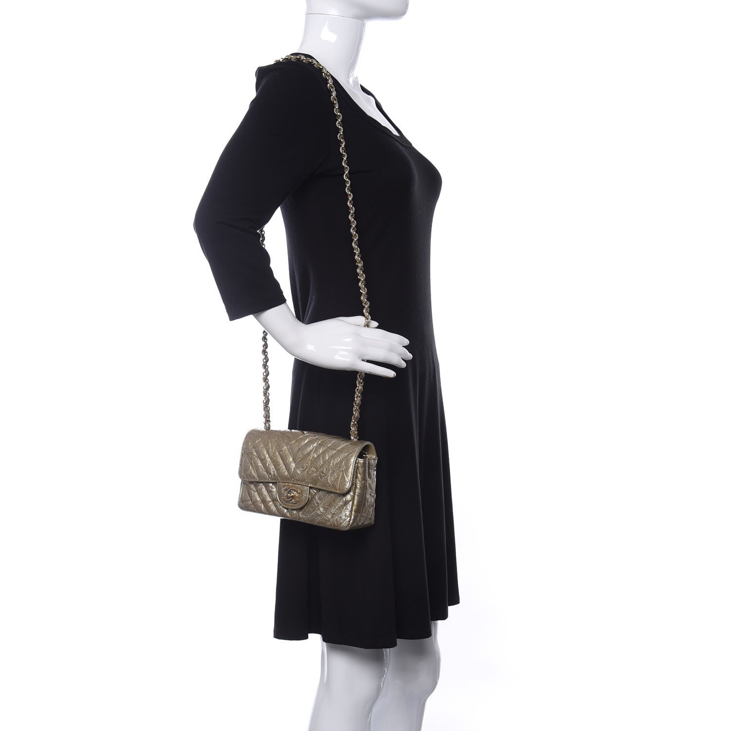 Chanel Patent Metallic Crumpled Calfskin Chevron Quilted Mini Rectangular Flap Gold 2 of 13